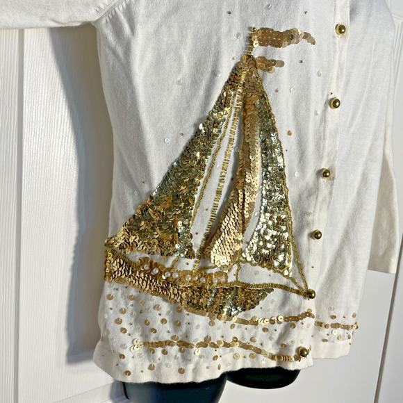 Vintage Y2K Jack B Quick Cardigan Women Extra Large White Gold Sequins Sailboat - Picture 2 of 11